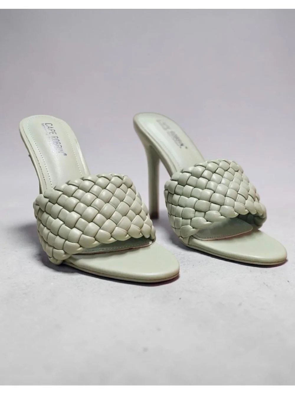 Woven Sage Green High Heel Mules With Padded Straps - Elegant Slip-On Design For
